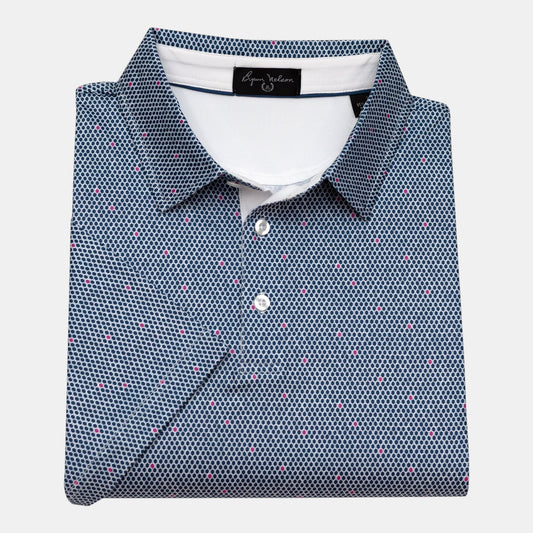 Byron Nelson Midnight Mesh golf polo shirt in navy with a small pink dot pattern. Made of polyester and spandex.