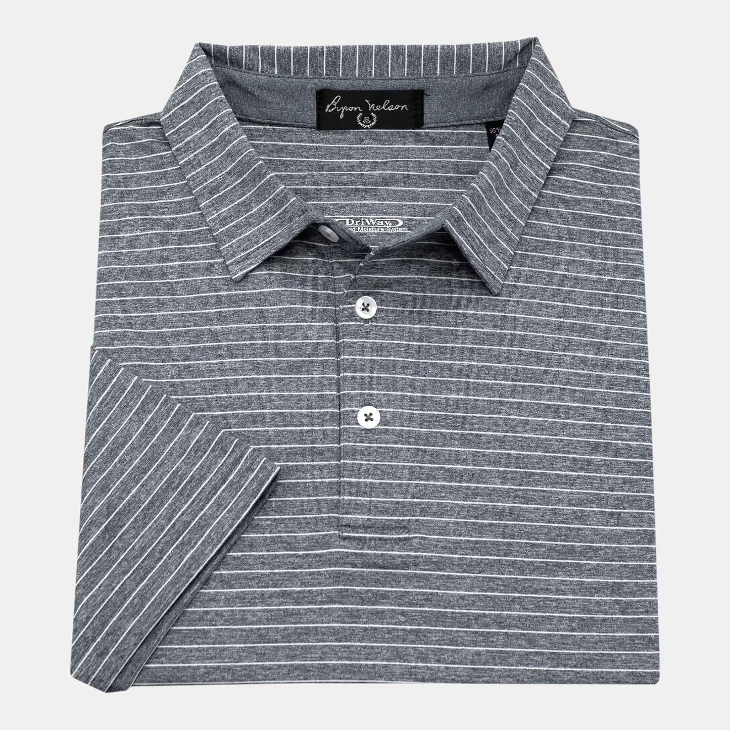 Byron Nelson Nantucket Polo shirt in grey with white horizontal stripes, performance fabric, tailored fit, and stay-put collar.