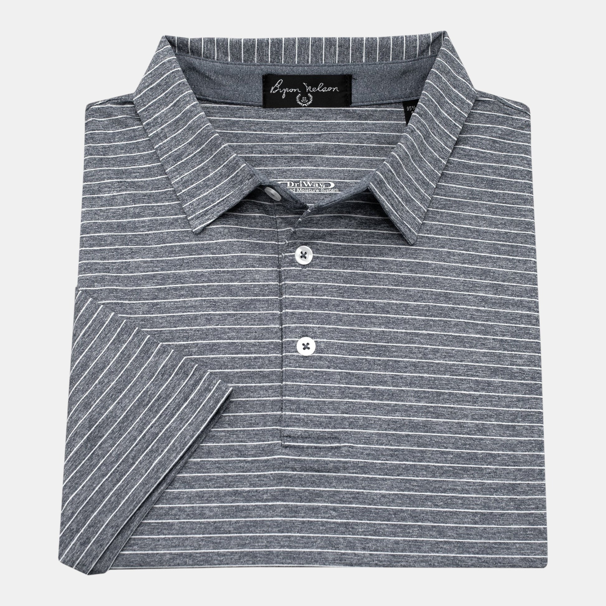 Byron Nelson Nantucket Polo shirt in grey with white horizontal stripes, performance fabric, tailored fit, and stay-put collar.