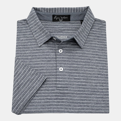 Byron Nelson Nantucket Polo shirt in grey with white horizontal stripes, performance fabric, tailored fit, and stay-put collar.