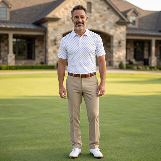 Byron Nelson Newport Polo in white with a blue geometric print, worn by a smiling man on a golf course.