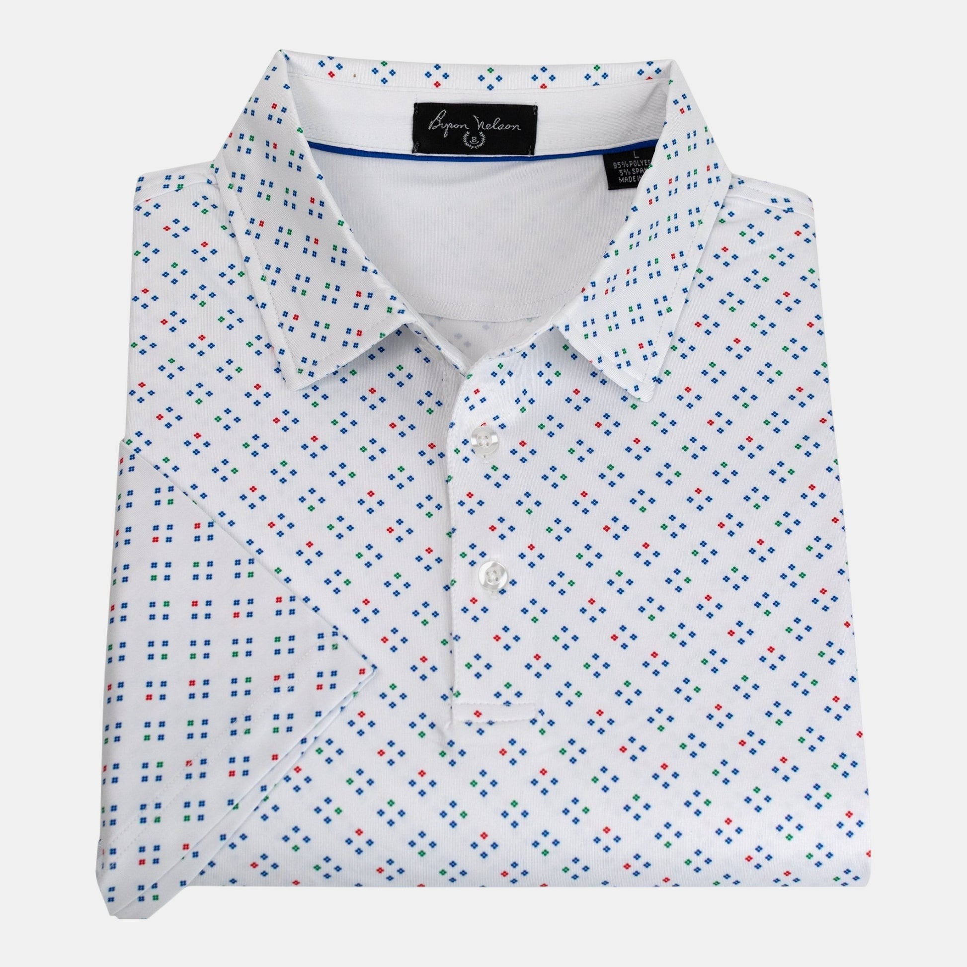 Byron Nelson Newport polo shirt in white with a multi-colored geometric square print, featuring a tailored fit.