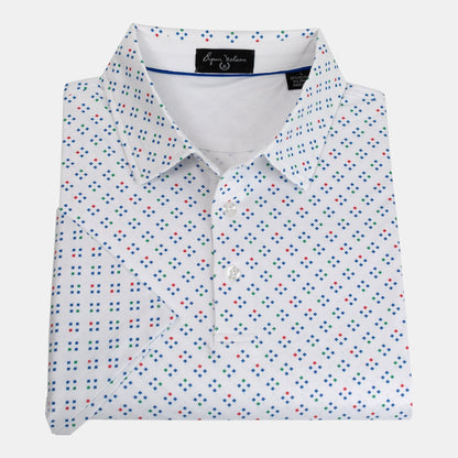 Byron Nelson Newport polo shirt in white with a multi-colored geometric square print, featuring a tailored fit.