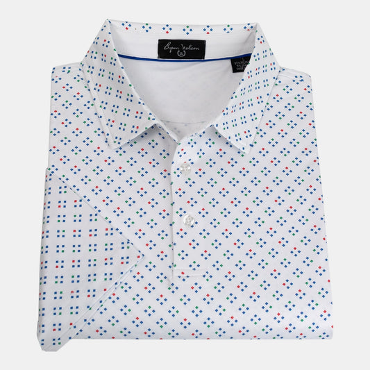 Byron Nelson Newport polo shirt in white with a multi-colored geometric square print, featuring a tailored fit.