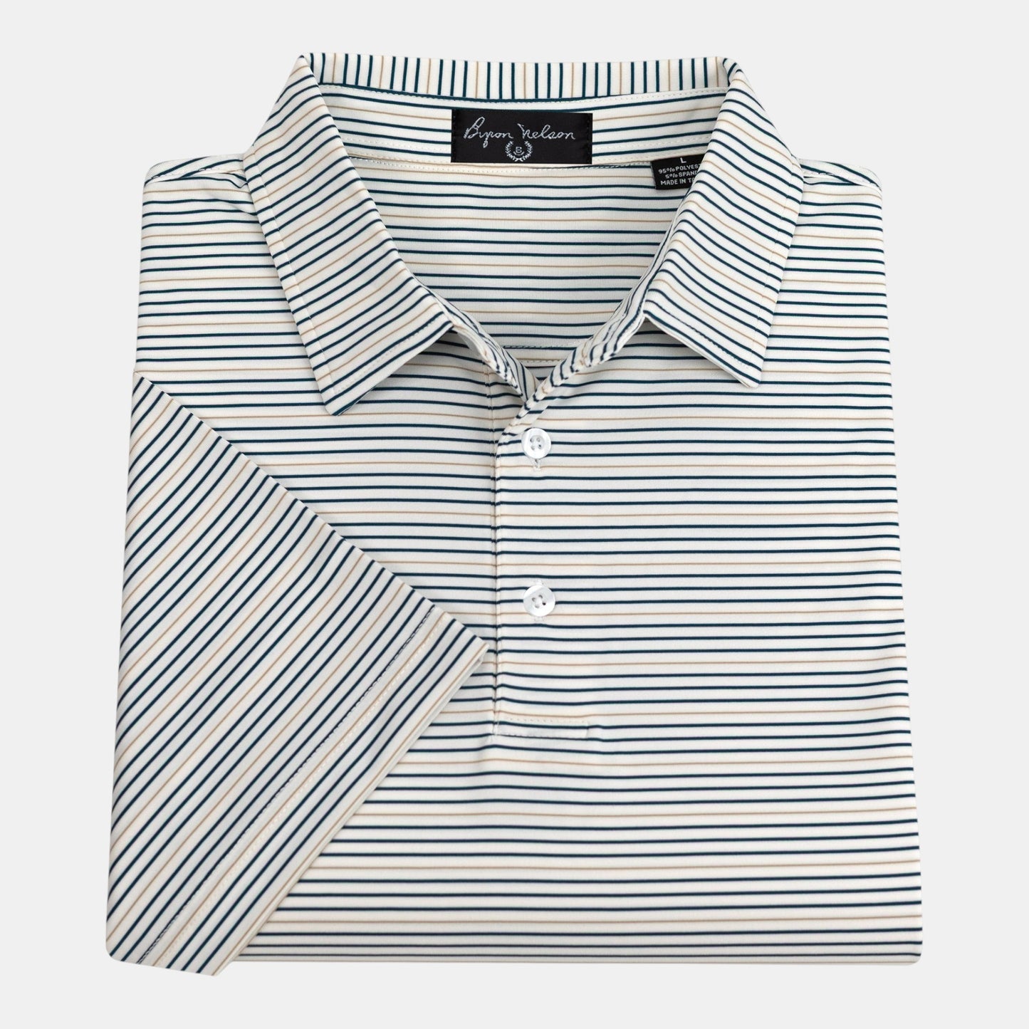 Byron Nelson Oakmont Stripe polo shirt in white with thin navy and tan horizontal stripes, folded for display.