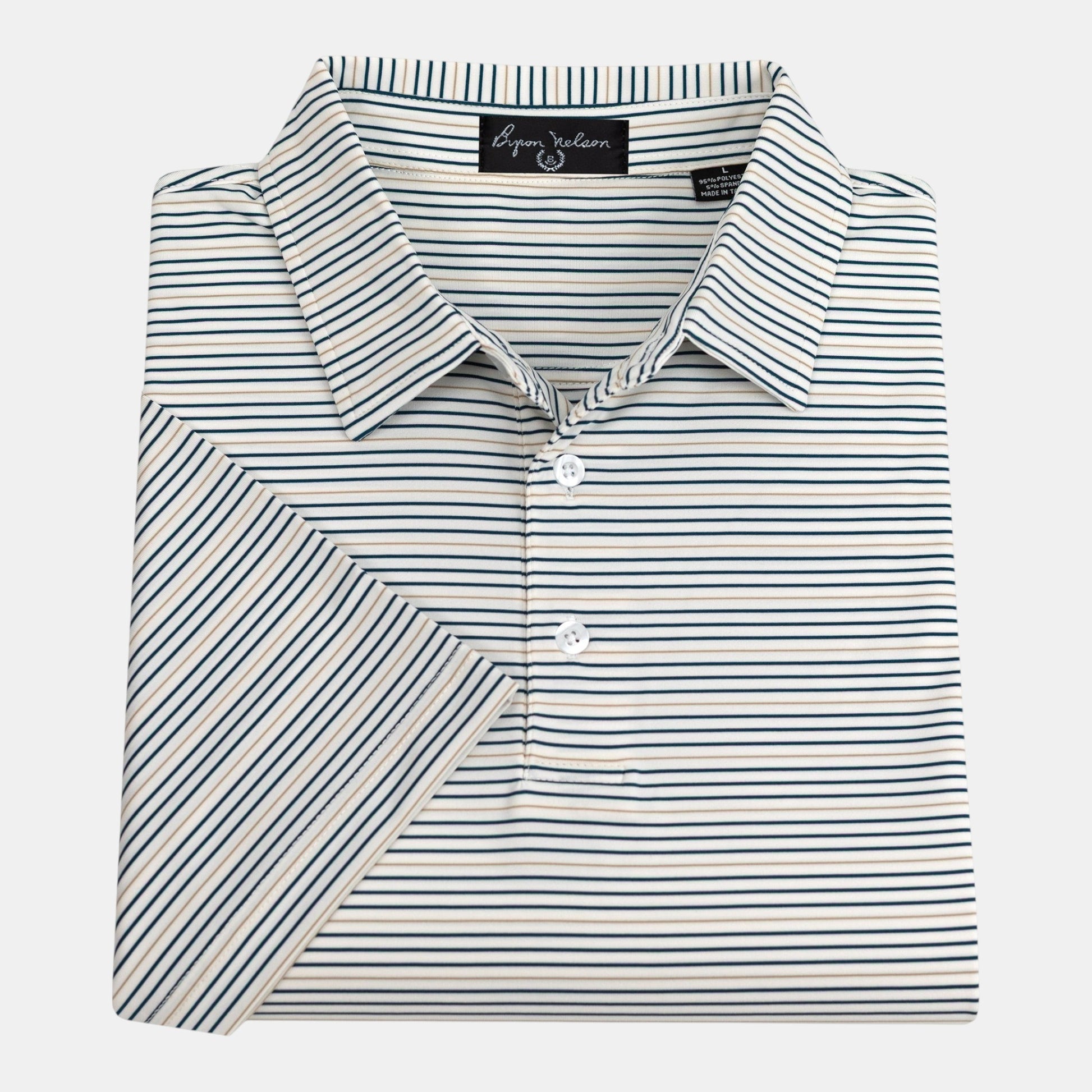 Byron Nelson Oakmont Stripe polo shirt in white with thin navy and tan horizontal stripes, folded for display.