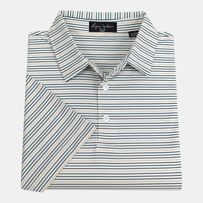 Byron Nelson Oakmont Stripe polo shirt in white with thin navy and tan horizontal stripes, folded for display.