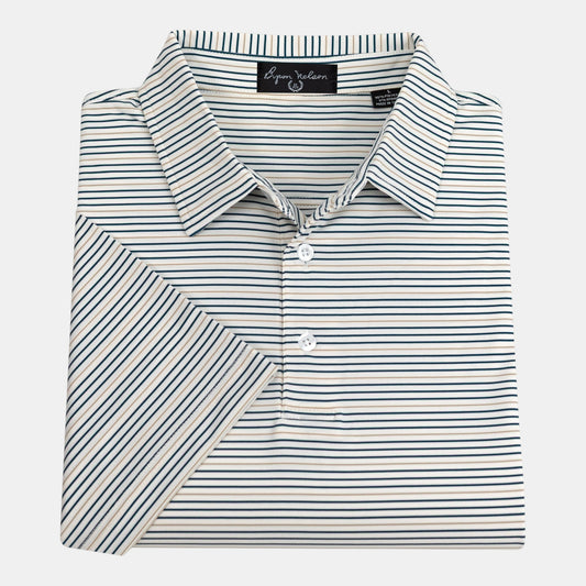 Byron Nelson Oakmont Stripe polo shirt in white with thin navy and tan horizontal stripes, folded for display.