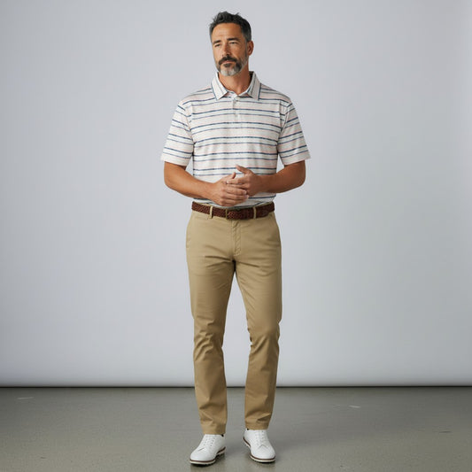 Byron Nelson ombre stripe golf polo in white with blue and red stripes, worn by a man with khaki trousers.