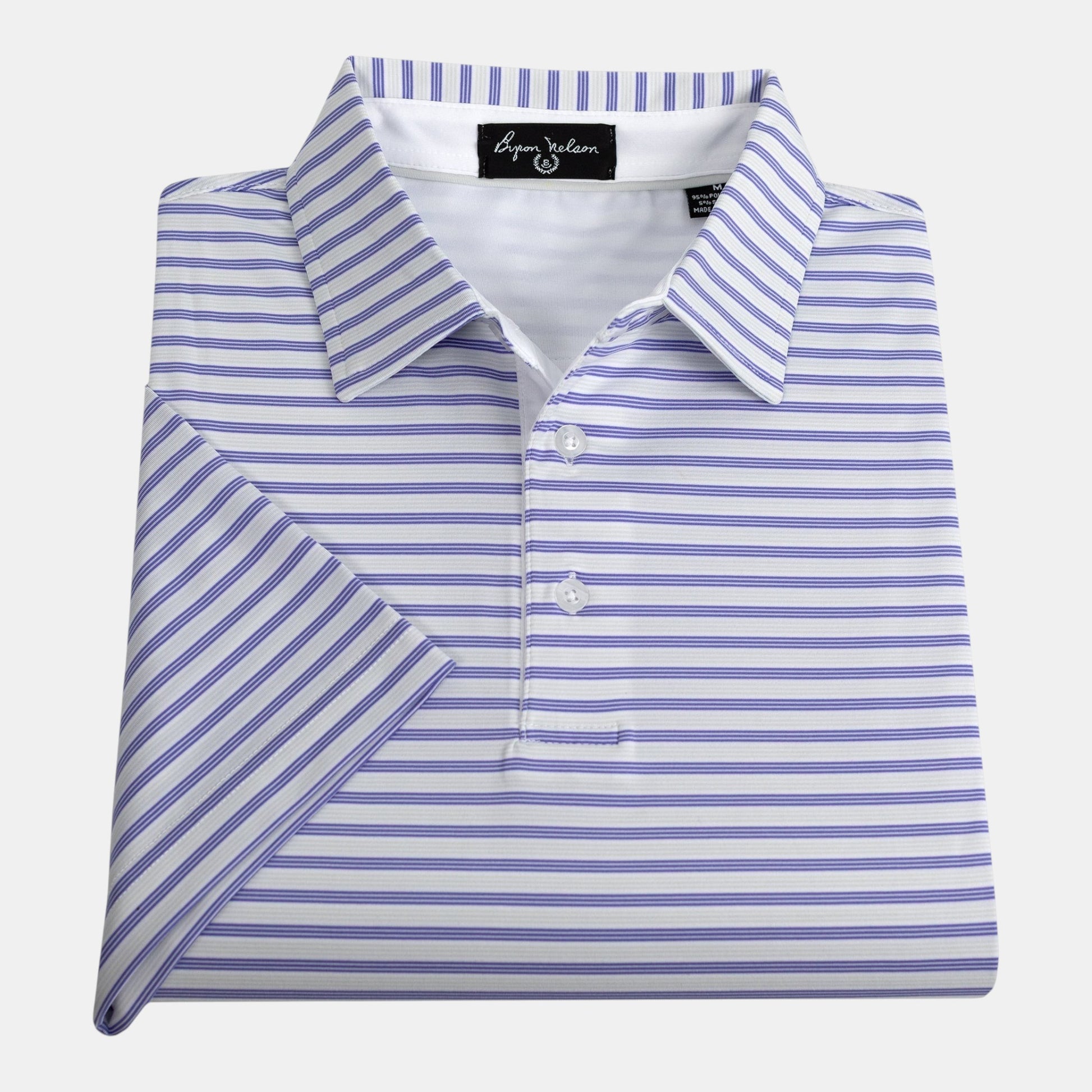 Byron Nelson Pacific Stripe polo shirt in white with blue stripes, made of polyester and spandex blend with moisture-wicking technology.