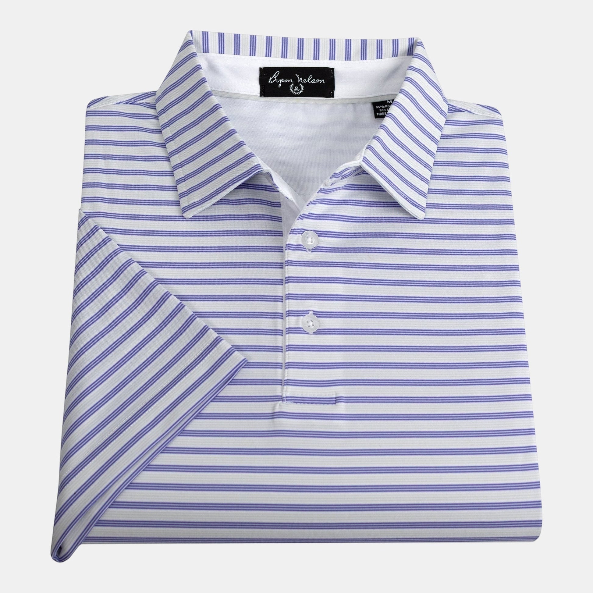 Byron Nelson Pacific Stripe polo shirt in white with blue stripes, made of polyester and spandex blend with moisture-wicking technology.