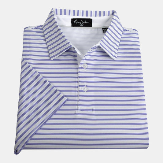 Byron Nelson Pacific Stripe polo shirt in white with blue stripes, made of polyester and spandex blend with moisture-wicking technology.