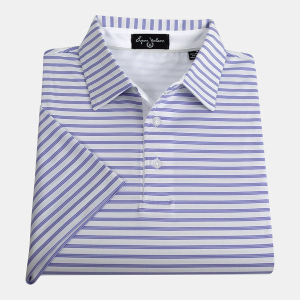 Byron Nelson Pacific Stripe polo shirt in white with blue stripes, made of polyester and spandex blend with moisture-wicking technology.
