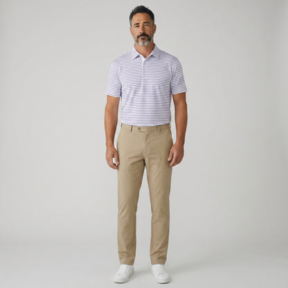 Byron Nelson Pacific Stripe polo shirt in white with purple stripes, made of polyester and spandex blend. Tailored fit.