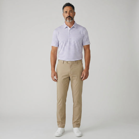 Byron Nelson Pacific Stripe polo shirt in white with purple stripes, made of polyester and spandex blend. Tailored fit.