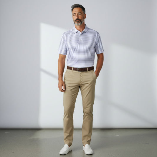 Byron Nelson Pacific Stripe polo shirt in white and blue, worn by a man with khaki trousers and white loafers.