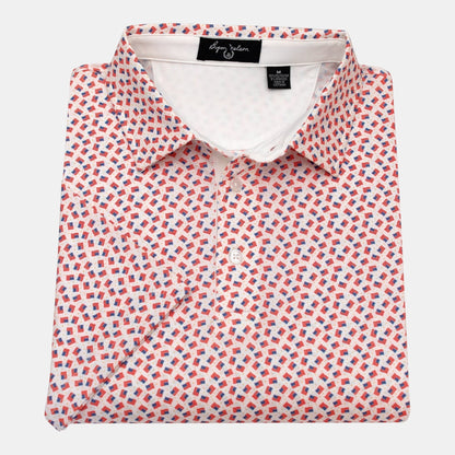 Byron Nelson white polo shirt with all-over print of small American flags and gold stars. Made of polyester and spandex.