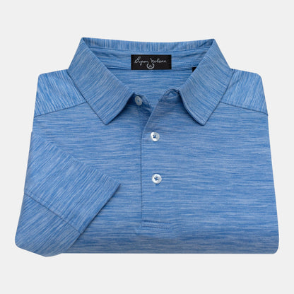 Byron Nelson blue heathered performance polo shirt with raglan sleeves and white buttons.