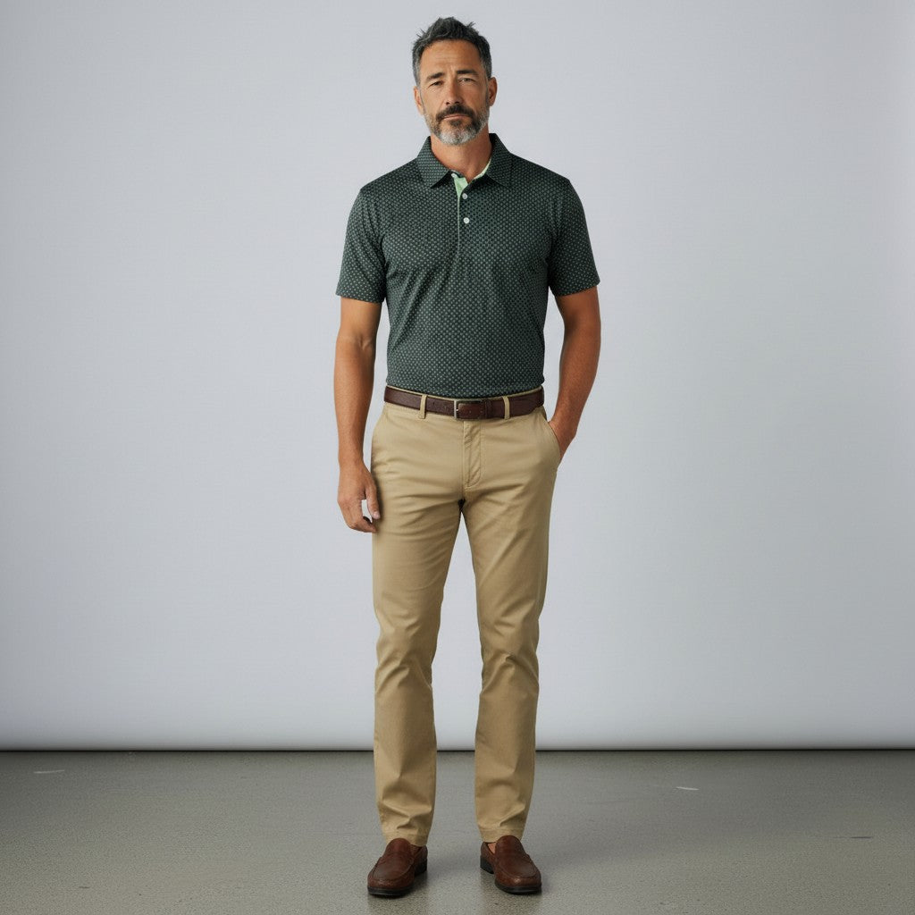 Byron Nelson Pine Hollow Polo in dark green with a subtle geometric pattern, worn with khaki trousers by a man.
