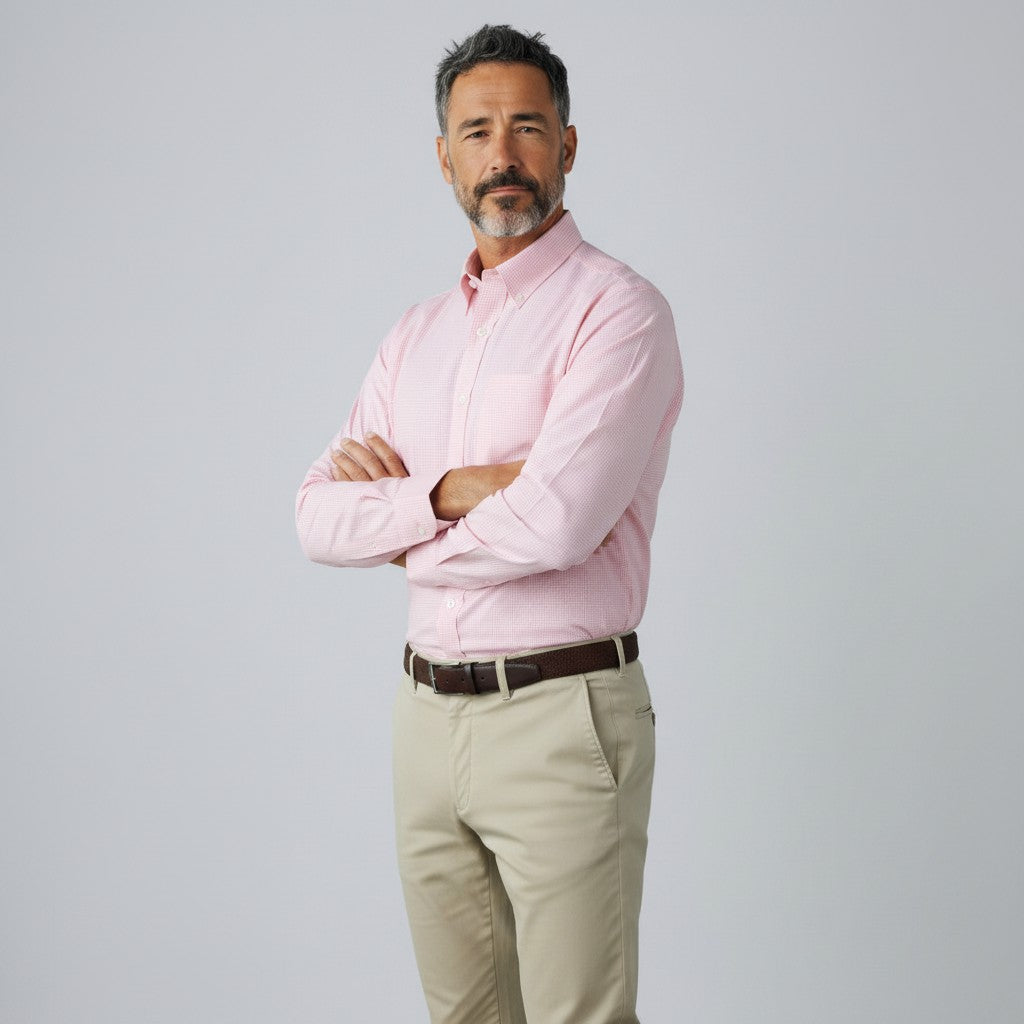 Byron Nelson performance button down shirt in light pink with a tailored fit worn by a man with khaki trousers.