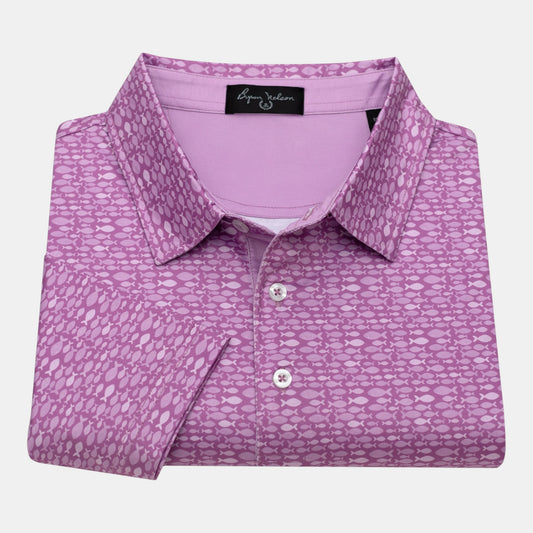 Byron Nelson Pink Pacific Polo with a geometric fish pattern, made from a polyester-spandex blend.