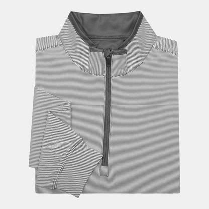 Byron Nelson grey and white striped polyester-spandex quarter-zip pullover with stand collar.