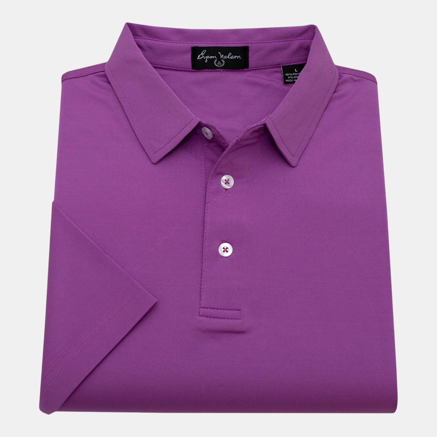 Byron Nelson purple short-sleeve polo shirt made from polyester and spandex jersey with a soft, moisture-wicking feel.