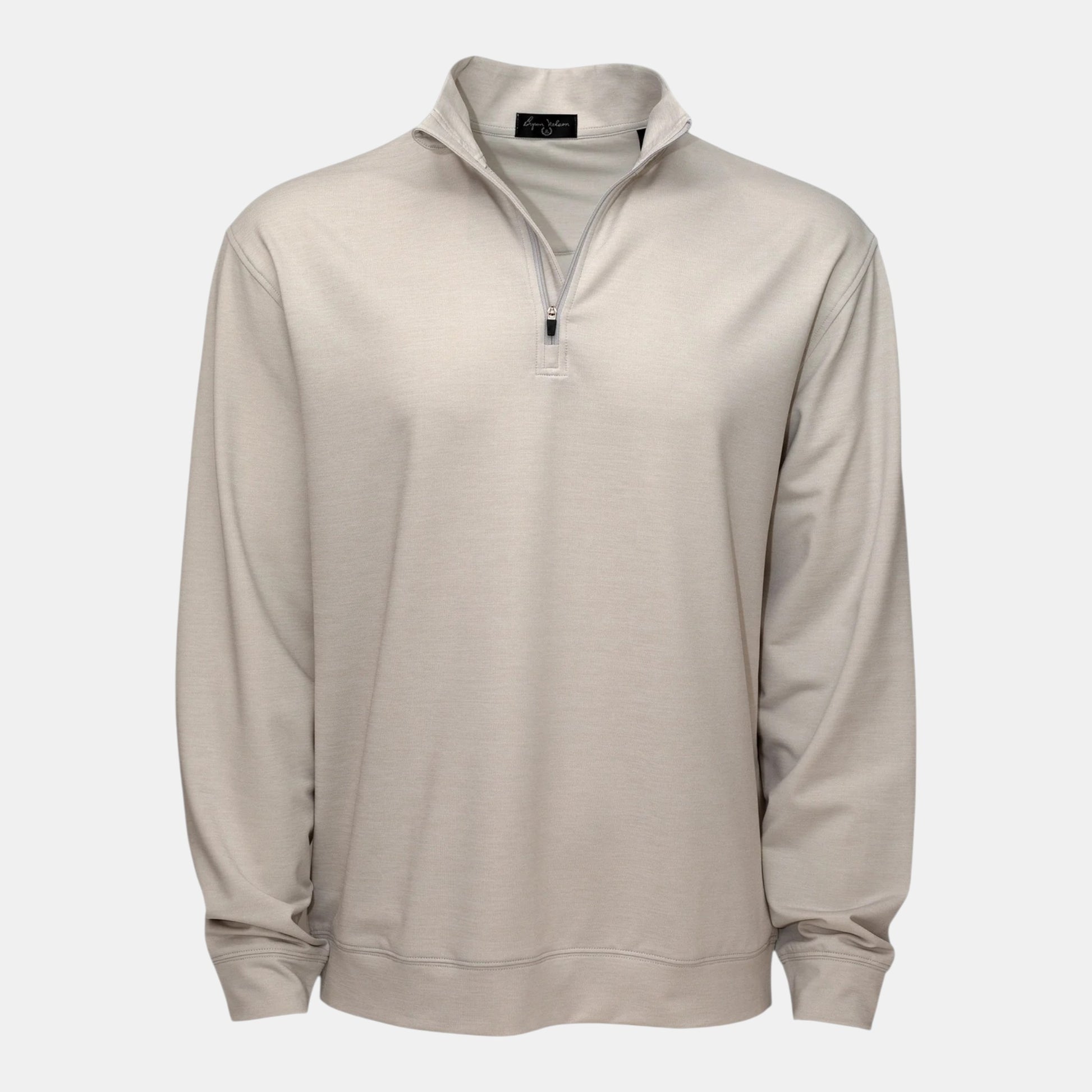 Byron Nelson light beige polyester-spandex quarter-zip pullover with stand collar and athletic fit.