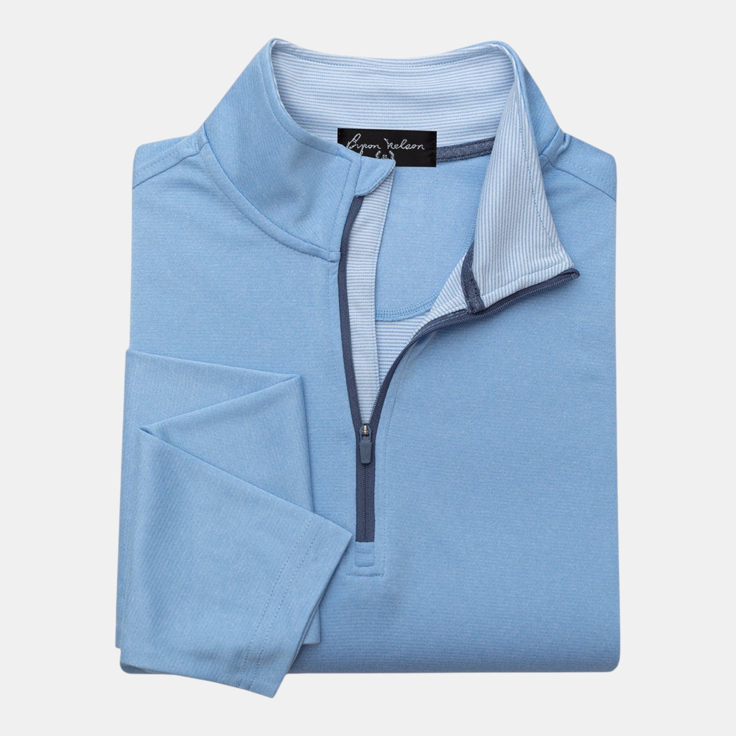Byron Nelson light blue polyester-spandex quarter-zip pullover with a stand collar and athletic fit.