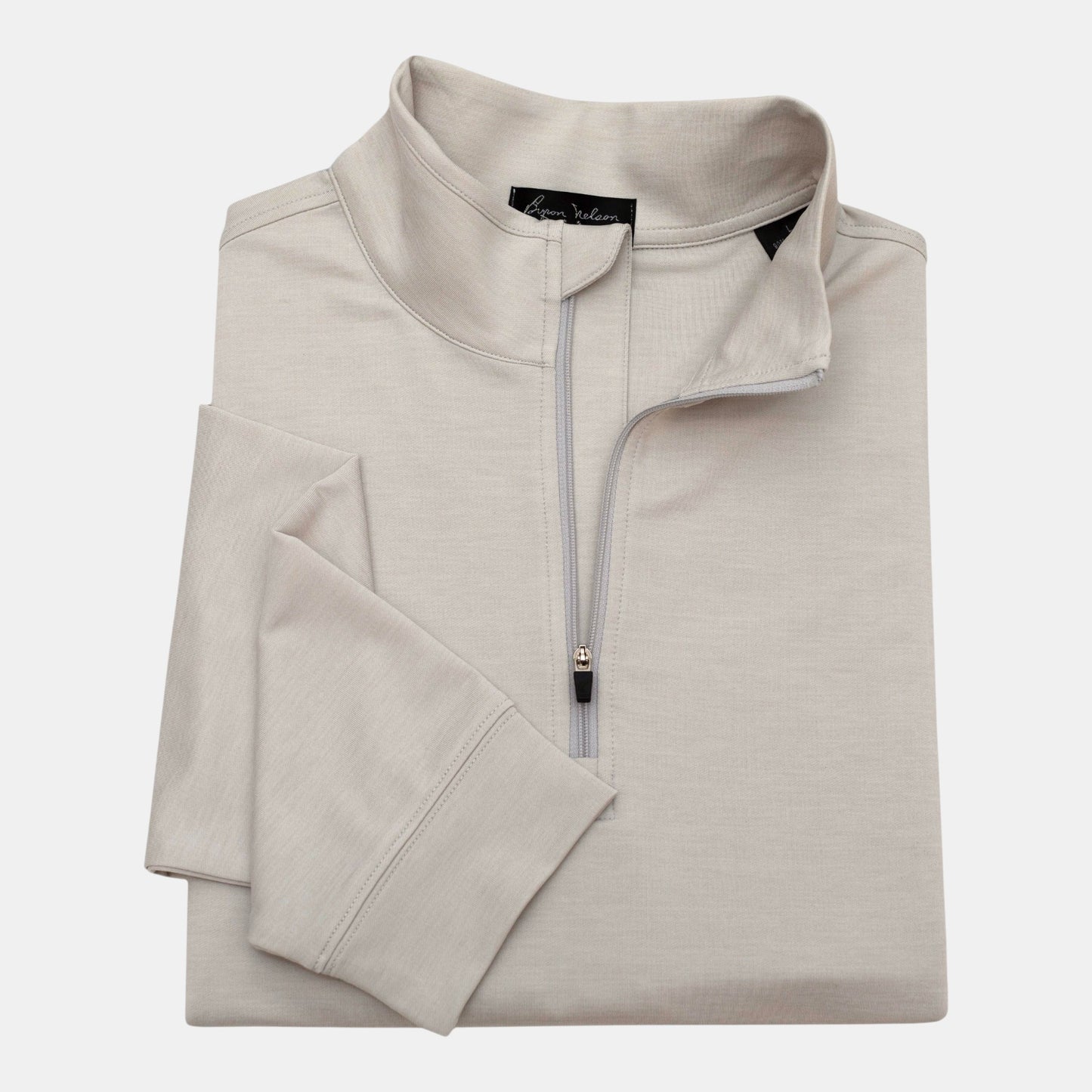Byron Nelson light grey polyester-spandex quarter-zip pullover with stand collar and athletic fit.