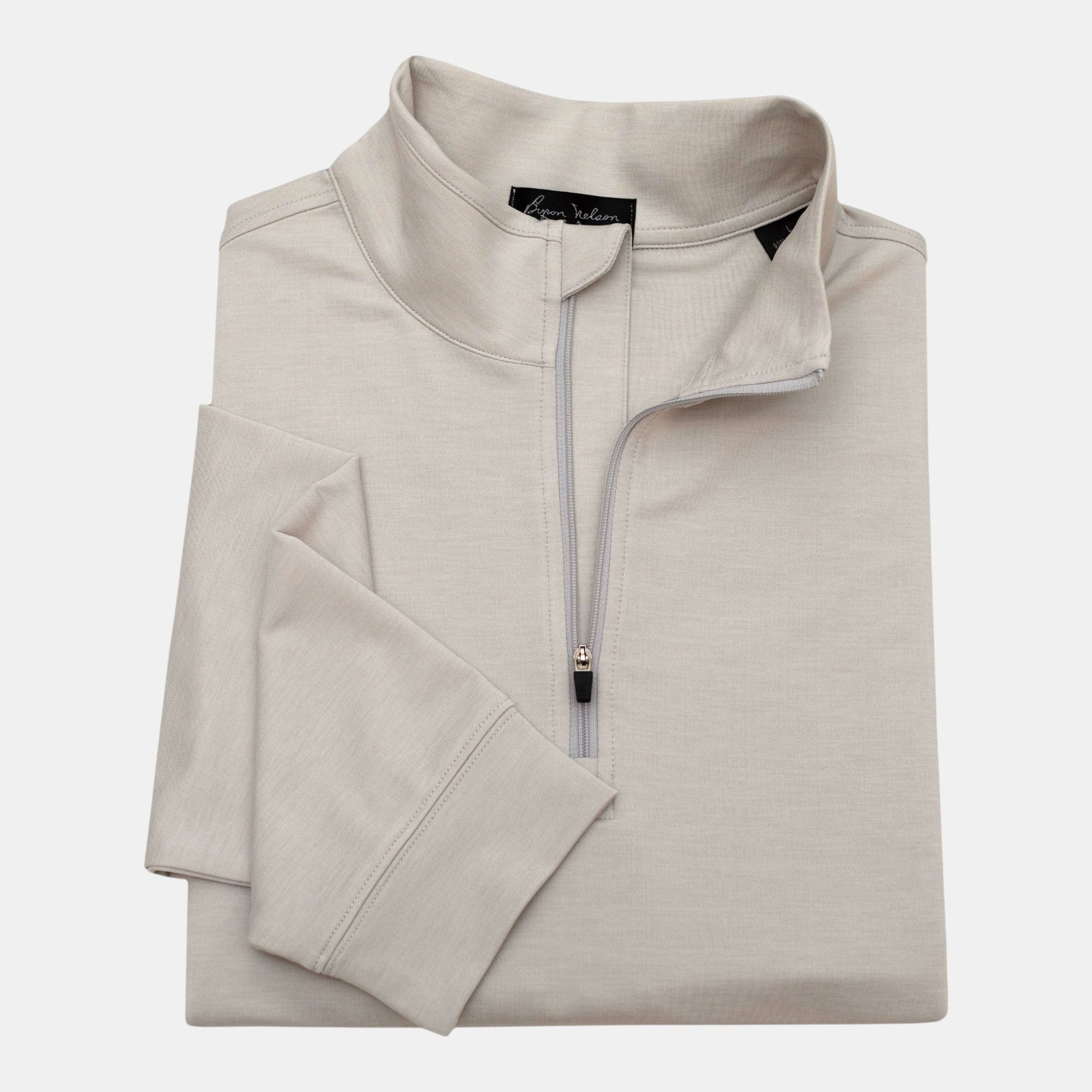 Byron Nelson light grey polyester-spandex quarter-zip pullover with stand collar and athletic fit.