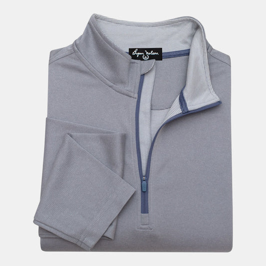 Byron Nelson grey polyester-spandex quarter-zip pullover with striped collar detail.