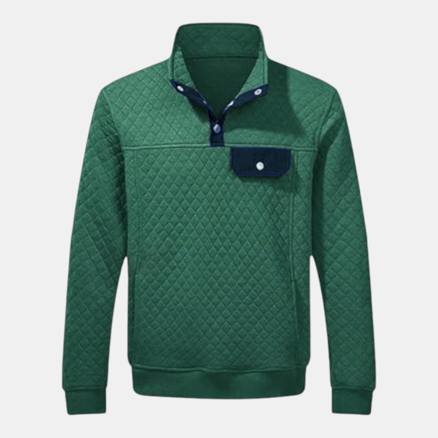 Byron Nelson green quilted pullover with navy snap placket and chest pocket. Cotton-polyester blend.