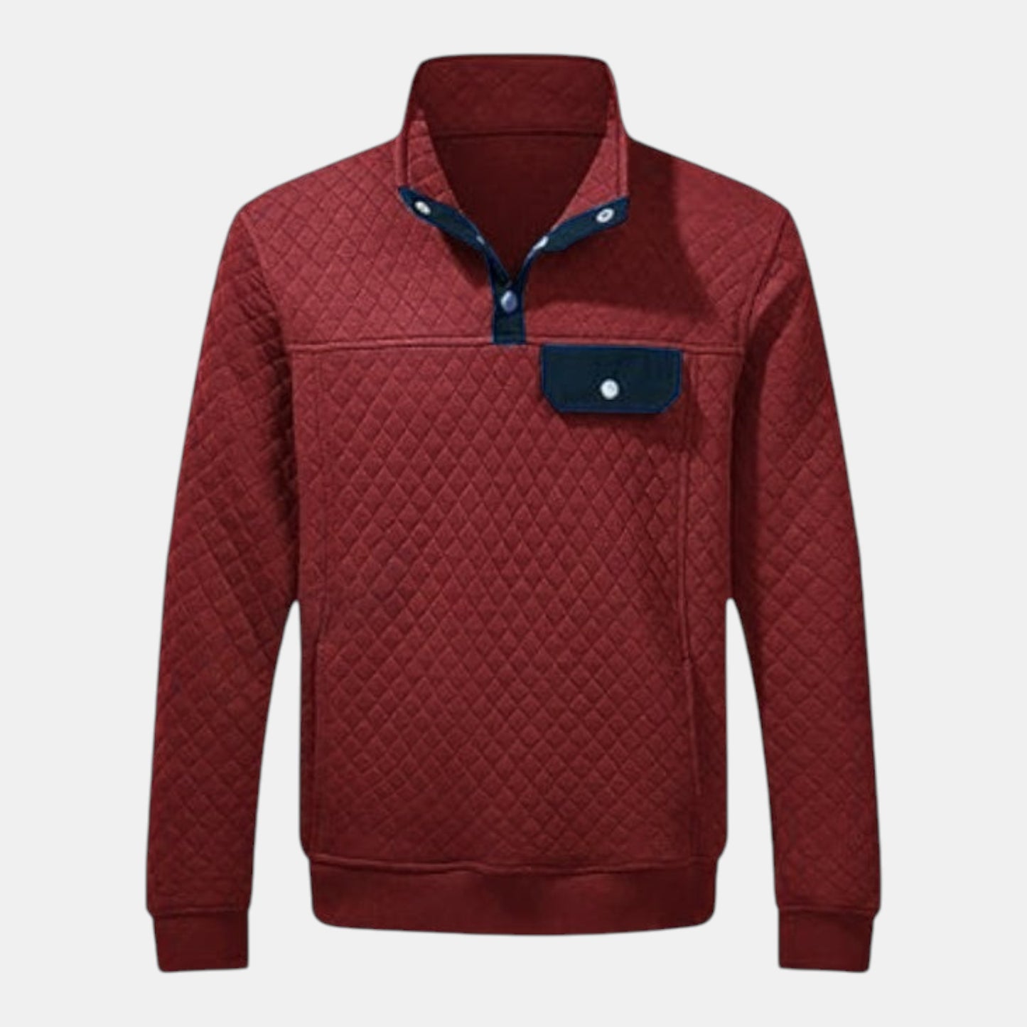 Byron Nelson maroon diamond quilted pullover with navy snap placket and chest pocket. Cotton-polyester blend.