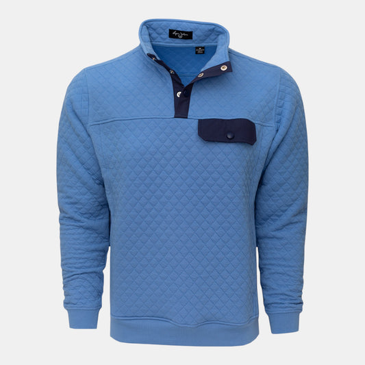 Byron Nelson sky blue quilted pullover with navy snap placket and chest pocket. Cotton-polyester blend.