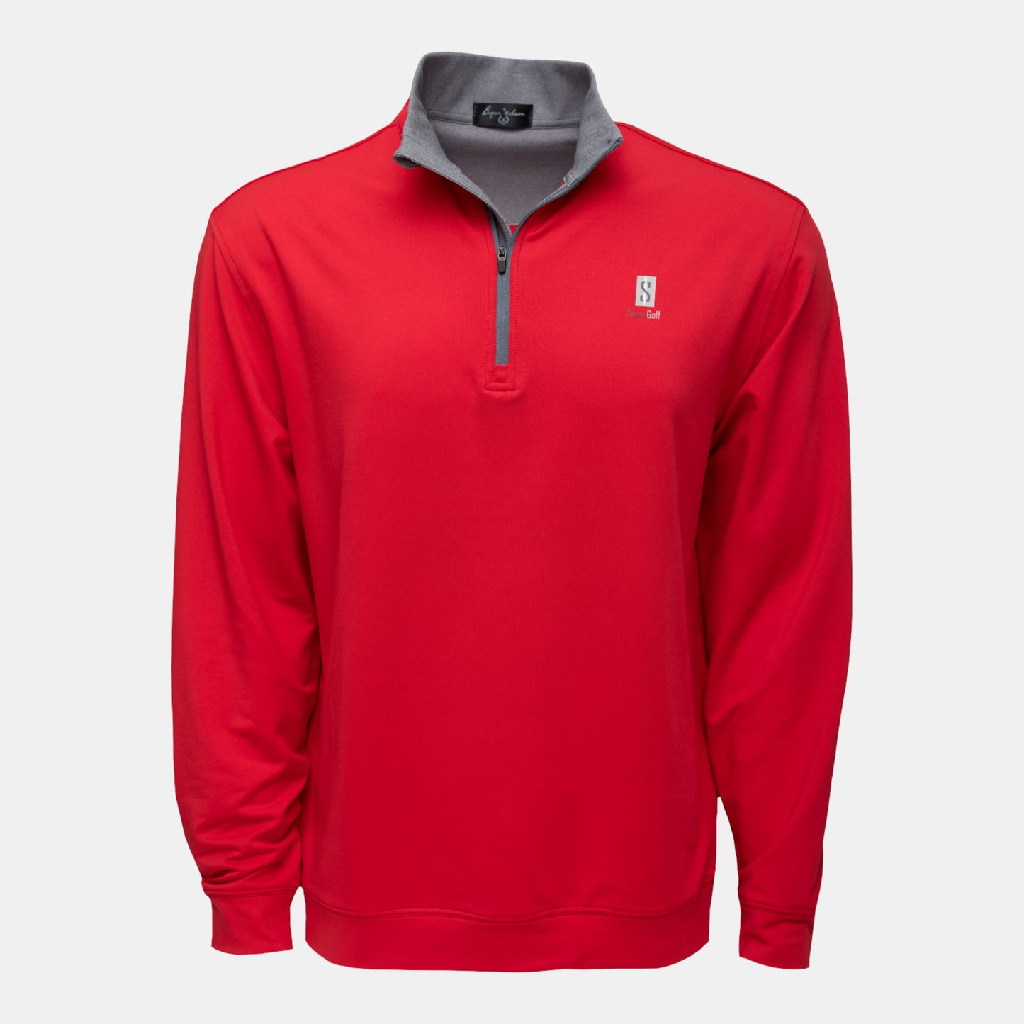 Byron Nelson red polyester spandex 1/4 zip pullover with grey collar and Saguto Golf logo on chest.