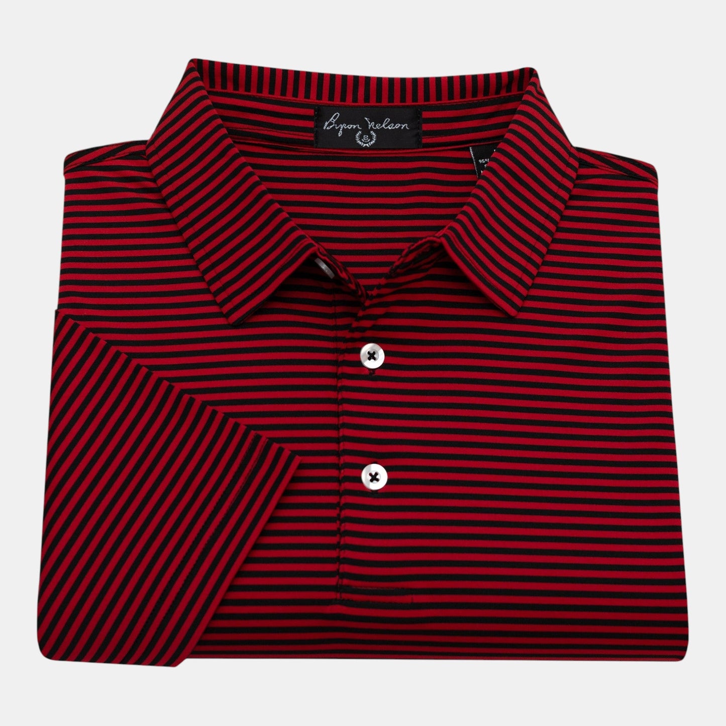 Byron Nelson red and black striped short-sleeve polo shirt made from stretch jersey fabric with a self-fabric collar.