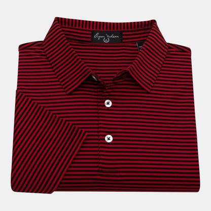 Byron Nelson red and black striped short-sleeve polo shirt made from stretch jersey fabric with a self-fabric collar.