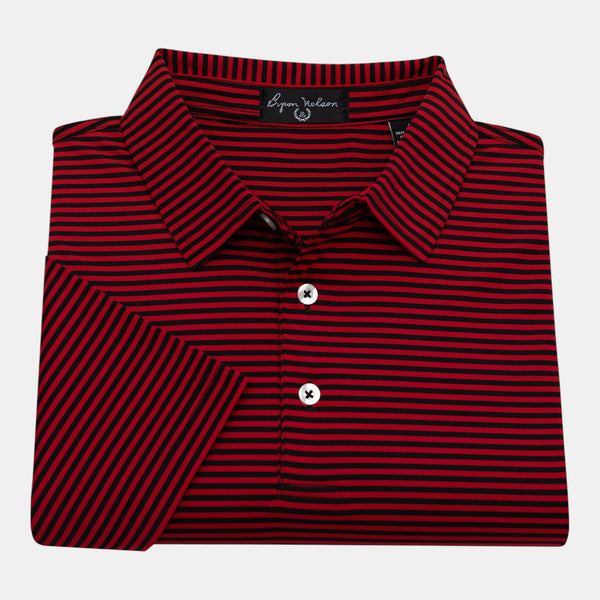 Byron Nelson red and black striped short-sleeve polo shirt made from stretch jersey fabric with a self-fabric collar.