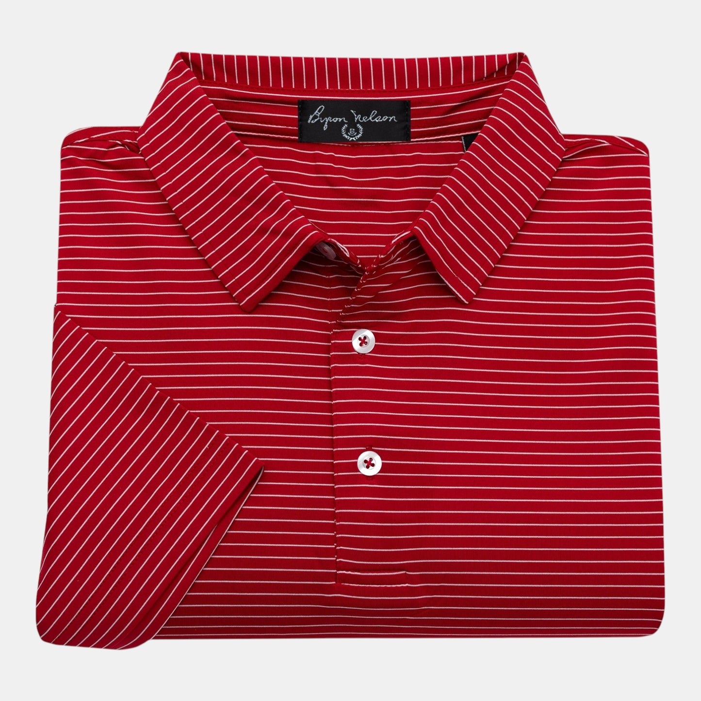 Byron Nelson red and white striped polo shirt made of polyester and spandex blend with a three-button placket.