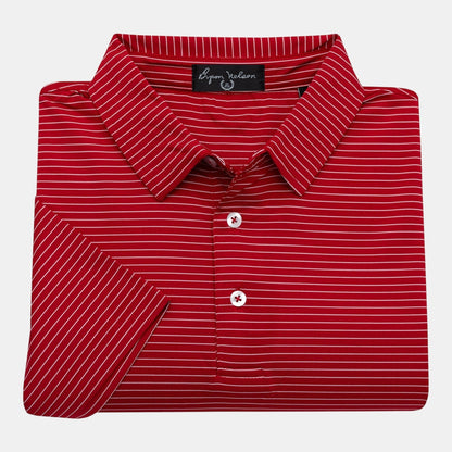 Byron Nelson red and white striped polo shirt made of polyester and spandex blend with a three-button placket.