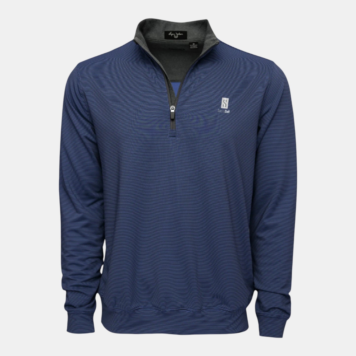 Byron Nelson Saguto 1/4 zip pullover in navy blue with subtle stripe pattern and grey collar. Polyester-spandex blend.
