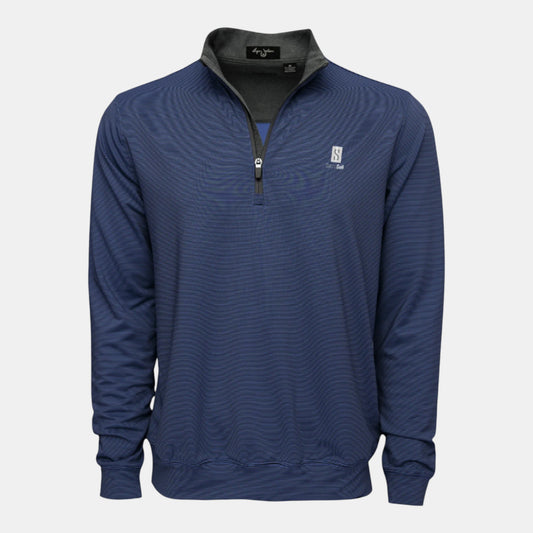 Byron Nelson Saguto 1/4 zip pullover in navy blue with subtle stripe pattern and grey collar. Polyester-spandex blend.