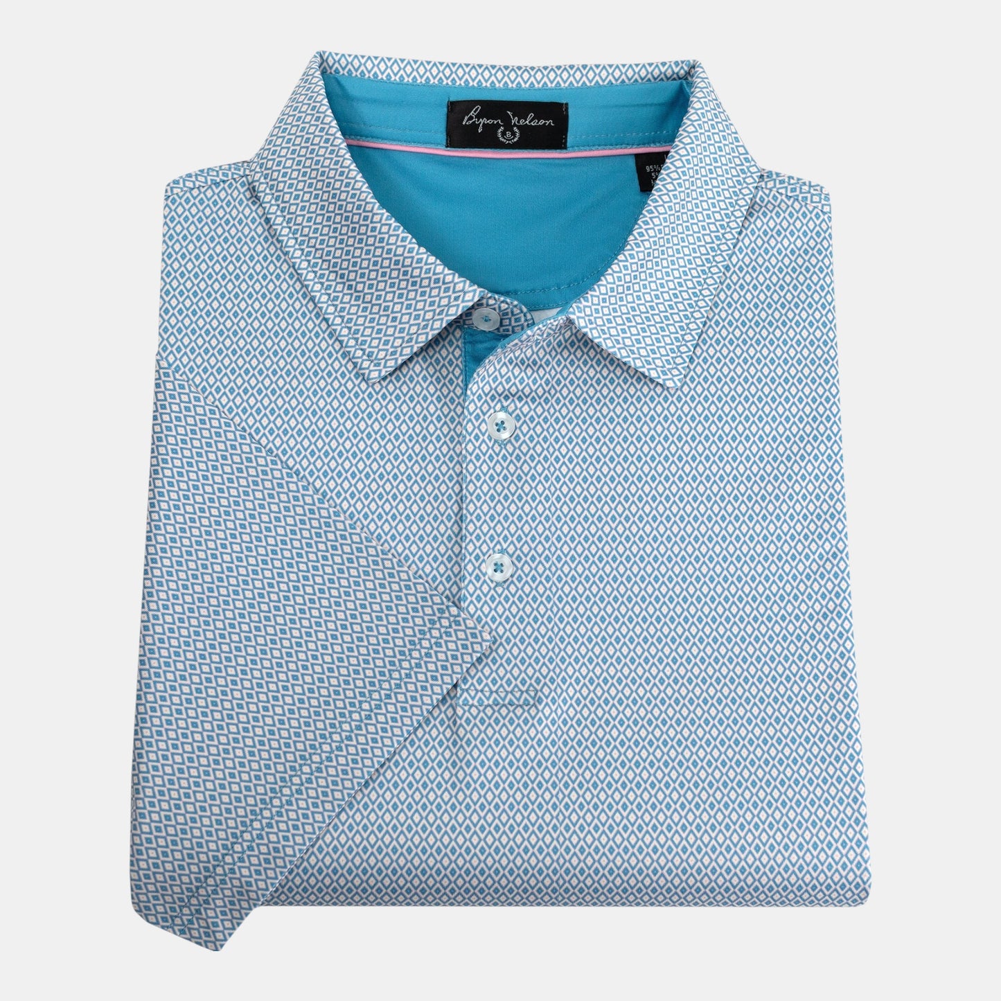 Byron Nelson sea glass polo shirt with a geometric diamond pattern, classic collar, and moisture-wicking fabric.