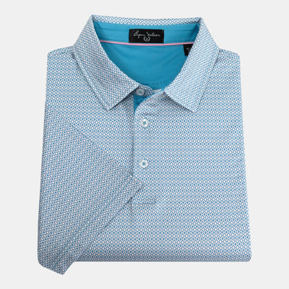 Byron Nelson sea glass polo shirt with a geometric diamond pattern, classic collar, and moisture-wicking fabric.
