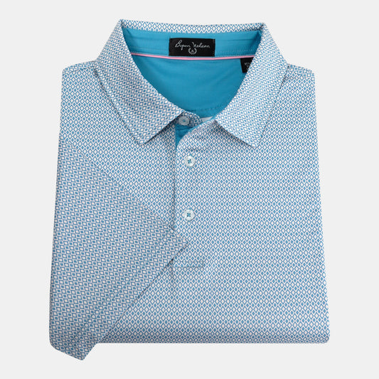 Byron Nelson sea glass polo shirt with a geometric diamond pattern, classic collar, and moisture-wicking fabric.