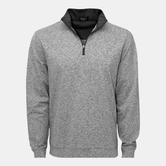 Byron Nelson Sea Isle 1/4 Zip Pullover in heathered black and white, made of polyester and spandex with a moisture-wicking finish.