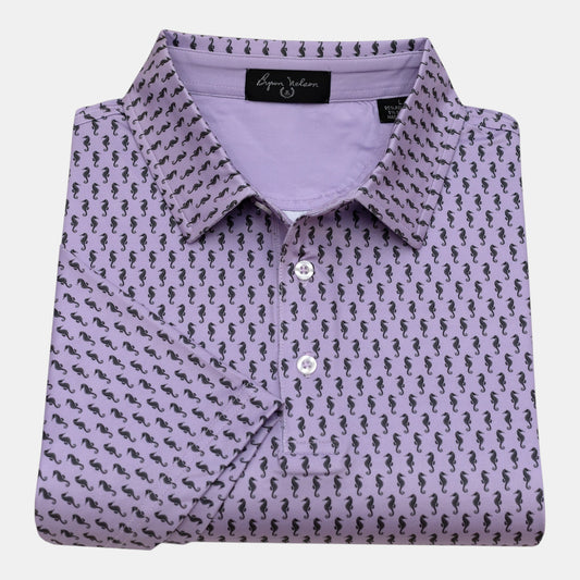 Byron Nelson lavender polo shirt with all-over black seahorse print, performance fabric, and button collar.