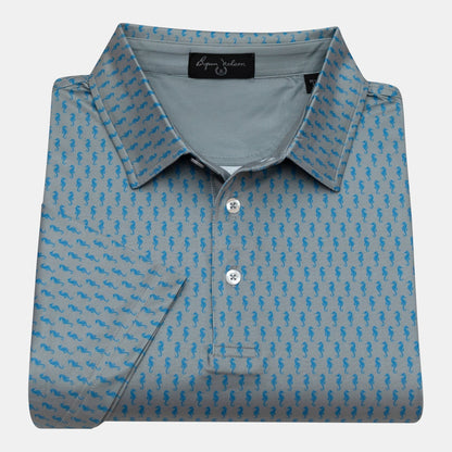 Byron Nelson grey polo shirt with blue seahorse print, short sleeves, and button collar. Made from polyester/spandex performance fabric.