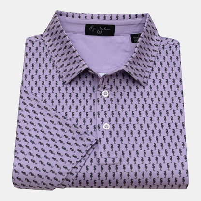 Byron Nelson lavender polo shirt with all-over black seahorse print, performance fabric, and button collar.